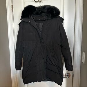 Kenneth Cole Black Hooded Puffer Down Coat with Faux Fur Trim